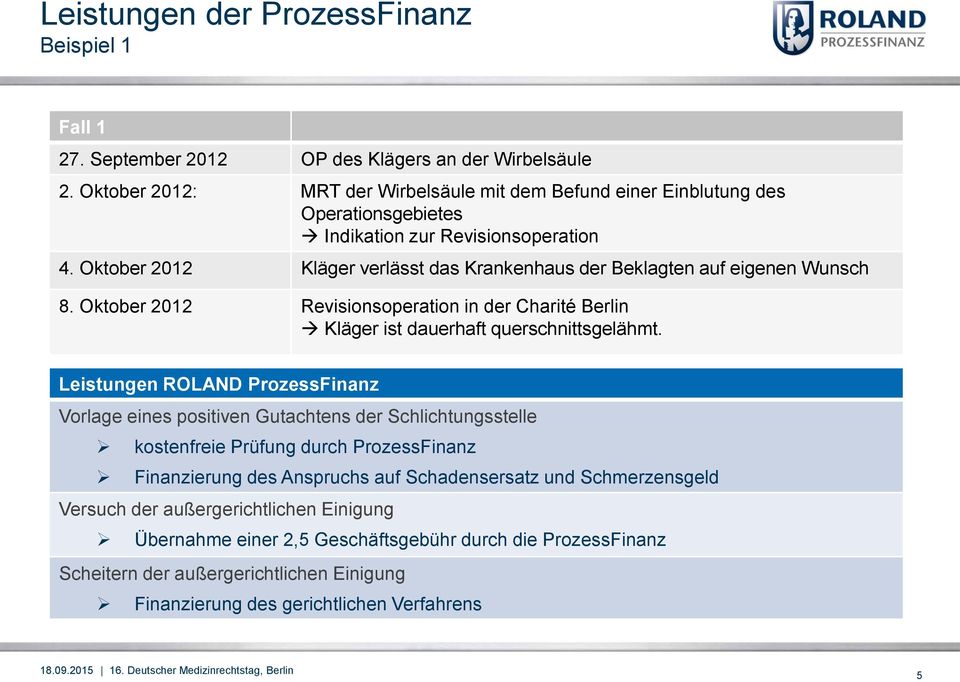 Oktober 2012 Kläger verlässt das Krankenhaus der Beklagten auf eigenen Wunsch 8. Oktober 2012 Revisionsoperation in der Charité Berlin Kläger ist dauerhaft querschnittsgelähmt.