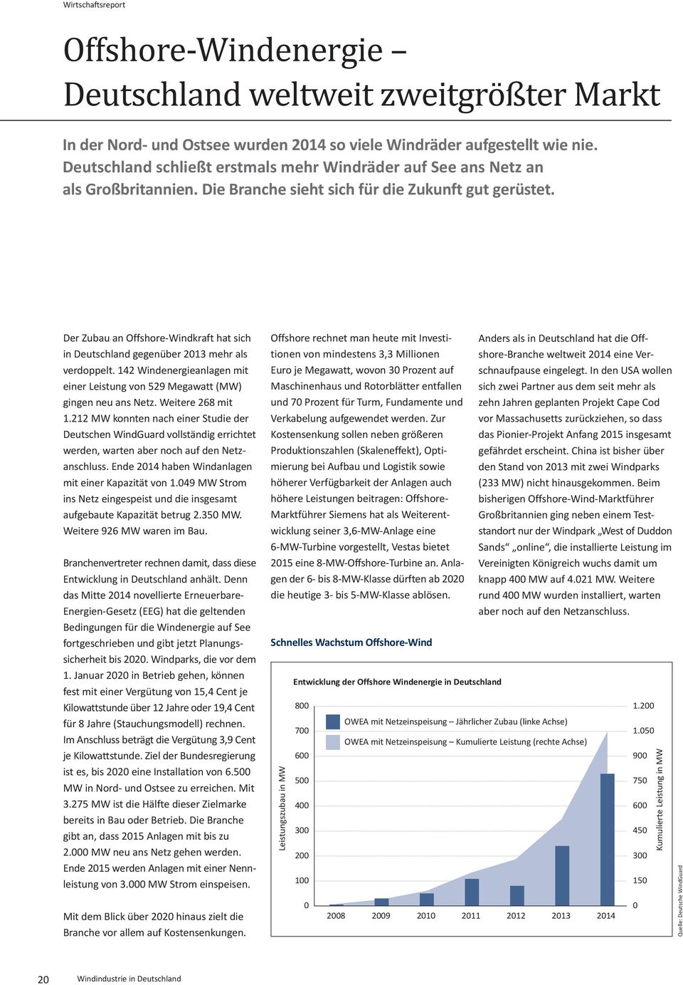Der Zubau an Offshore-Windkraft hat sich in Deutschland gegenüber 2013 mehr als verdoppelt. 142 Windenergieanlagen mit einer Leistung von 529 Megawatt (MW) gingen neu ans Netz. Weitere 268 mit 1.
