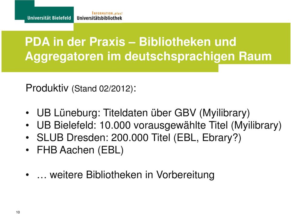 Bielefeld: 10.000 vorausgewählte Titel (Myilibrary) SLUB Dresden: 200.