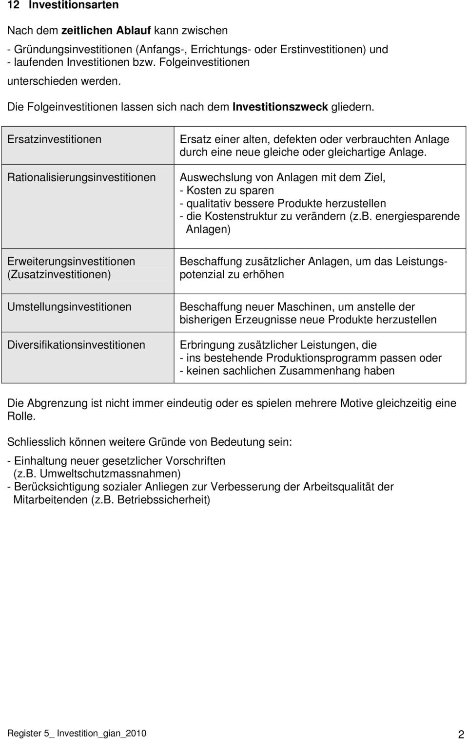 Ersatzinvestitionen Rationalisierungsinvestitionen Erweiterungsinvestitionen (Zusatzinvestitionen) Umstellungsinvestitionen Diversifikationsinvestitionen Ersatz einer alten, defekten oder