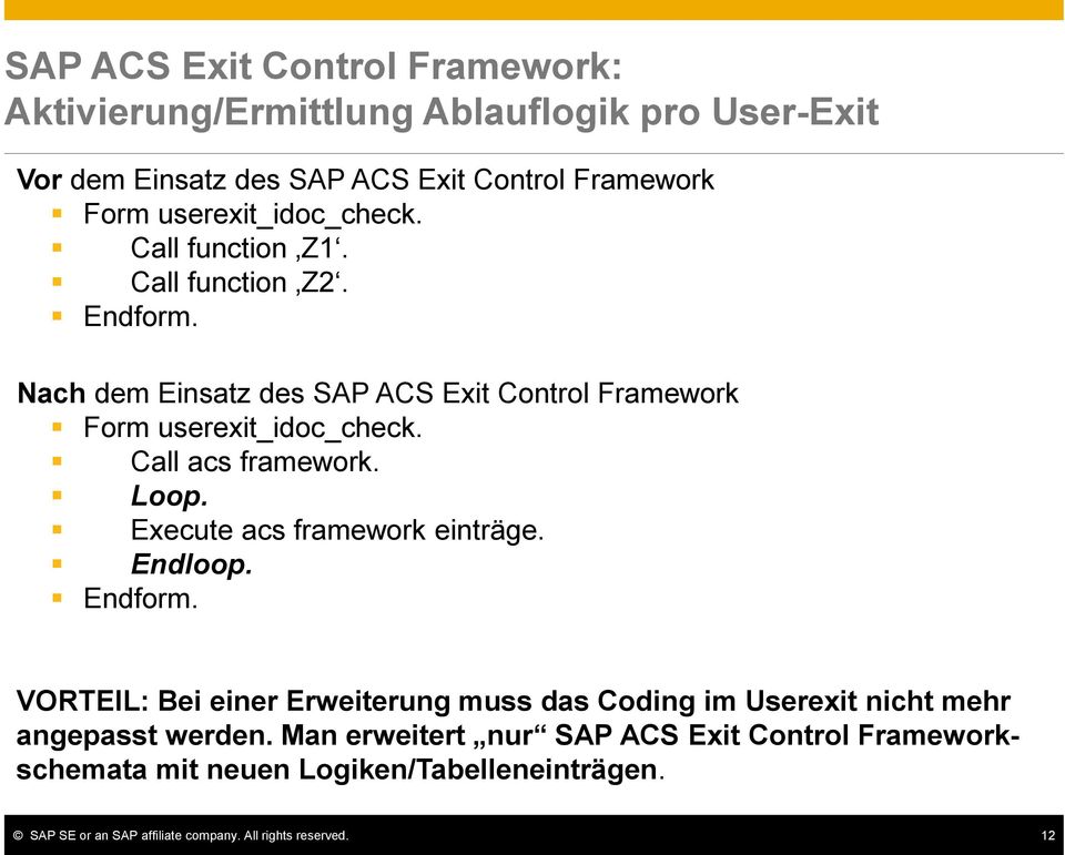 Nach dem Einsatz des SAP ACS Exit Control Framework Form userexit_idoc_check. Call acs framework. Loop. Execute acs framework einträge.