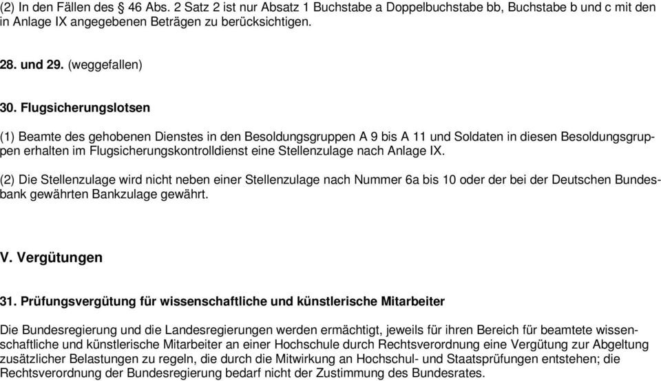 Anlage IX. (2) Die Stellenzulage wird nicht neben einer Stellenzulage nach Nummer 6a bis 10 oder der bei der Deutschen Bundesbank gewährten Bankzulage gewährt. V. Vergütungen 31.