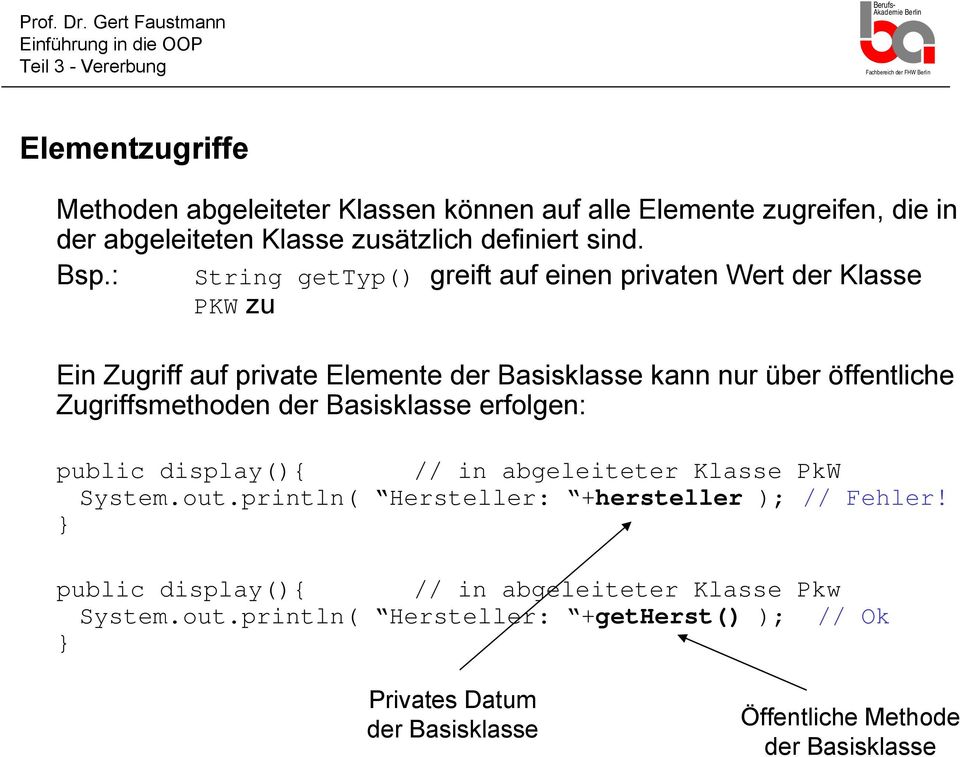 Zugriffsmethoden der Basisklasse erfolgen: public display(){ // in abgeleiteter Klasse PkW System.out.println( Hersteller: +hersteller ); // Fehler!