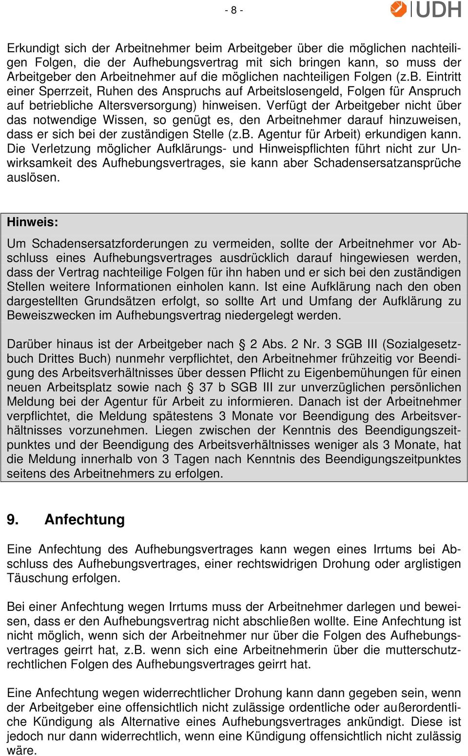 Unternehmerverband Deutsches Handwerk Merkblatt Aufhebungsvertrag
