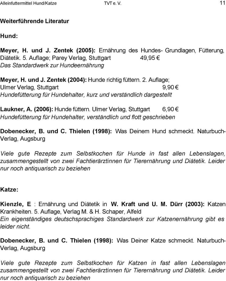 Auflage; Ulmer Verlag, Stuttgart 9,90 Hundefütterung für Hundehalter, kurz und verständlich dargestellt Laukner, A. (2006): Hunde füttern.