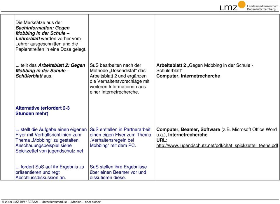 Arbeitsblatt 2 Gegen Mobbing in der Schule - Schülerblatt Computer, Internetrecherche Alternative (erfordert 2-3 Stunden mehr) L.