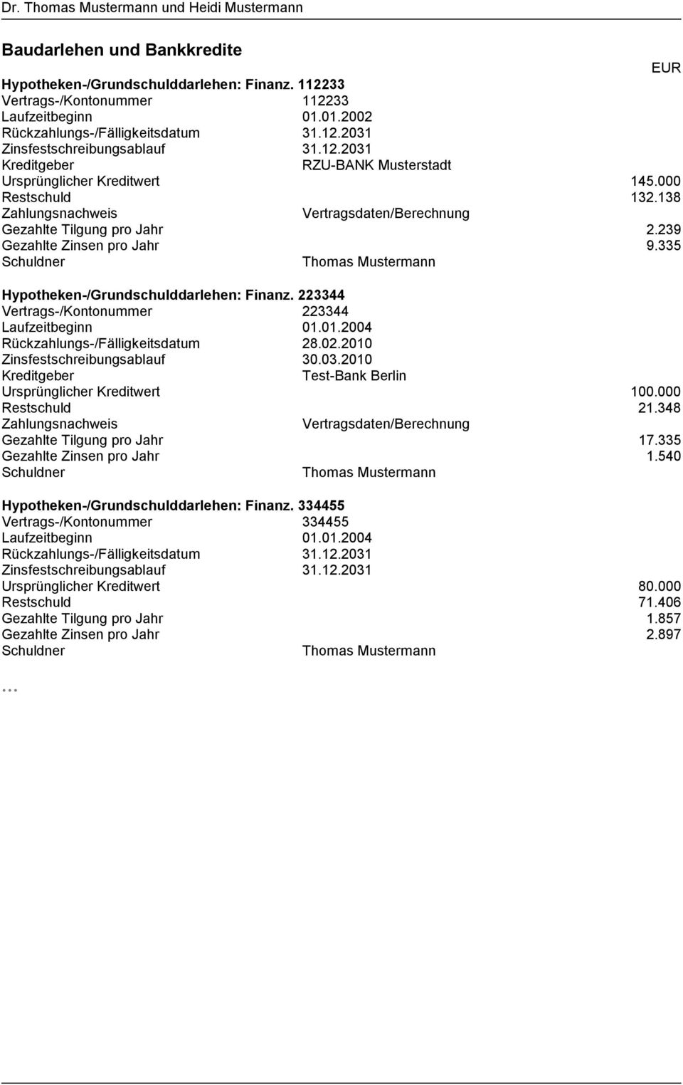 335 Schuldner Thomas Mustermann Hypotheken-/Grundschulddarlehen: Finanz. 223344 Vertrags-/Kontonummer 223344 Laufzeitbeginn 01.01.2004 Rückzahlungs-/Fälligkeitsdatum 28.02.