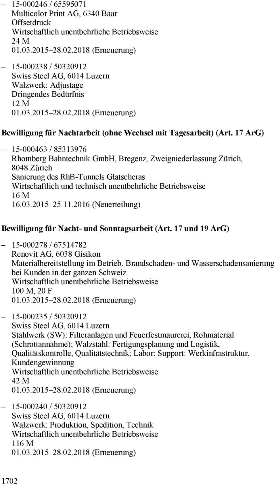 16 M 16.03.2015 25.11.2016 (Neuerteilung) Bewilligung für Nacht- und Sonntagsarbeit (Art.