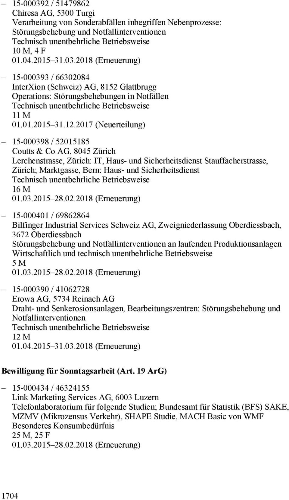 2017 (Neuerteilung) 15-000398 / 52015185 Coutts & Co AG, 8045 Zürich Lerchenstrasse, Zürich: IT, Haus- und Sicherheitsdienst Stauffacherstrasse, Zürich; Marktgasse, Bern: Haus- und Sicherheitsdienst