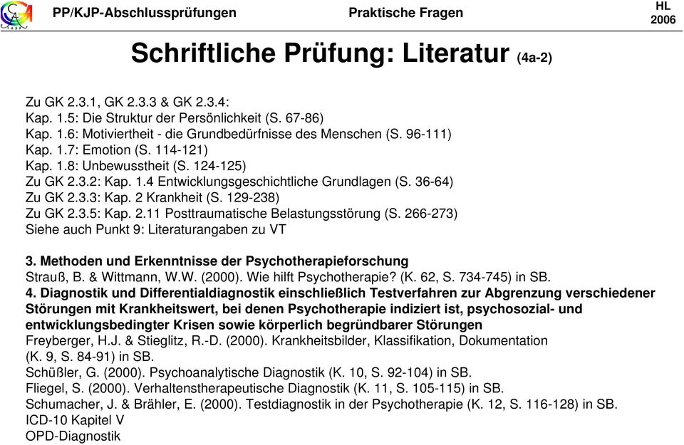 2.11 Posttraumatische Belastungsstörung (S. 266-273) Siehe auch Punkt 9: Literaturangaben zu VT 3. Methoden und Erkenntnisse der Psychotherapieforschung Strauß, B. & Wittmann, W.W. (2000).