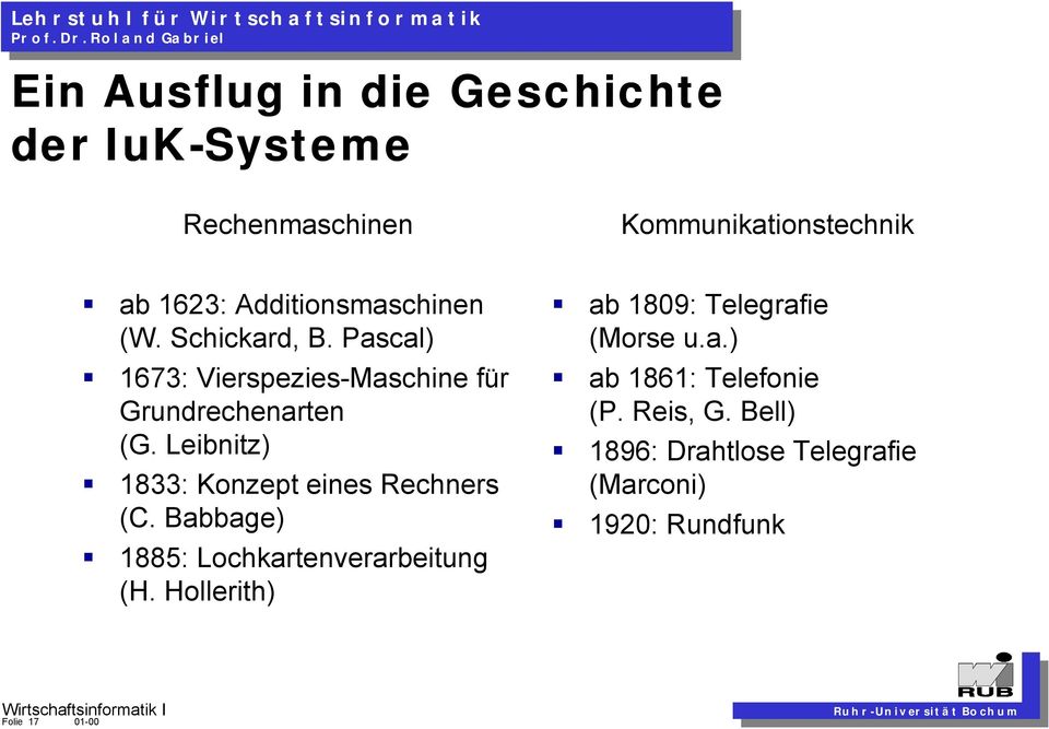 Leibnitz) 1833: Konzept eines Rechners (C. Babbage) 1885: Lochkartenverarbeitung (H.