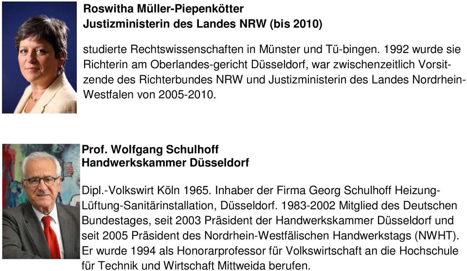 2005-2010. Prof. Wolfgang Schulhoff Dipl.-Volkswirt Köln 1965. Inhaber der Firma Georg Schulhoff Heizung- Lüftung-Sanitärinstallation, Düsseldorf.