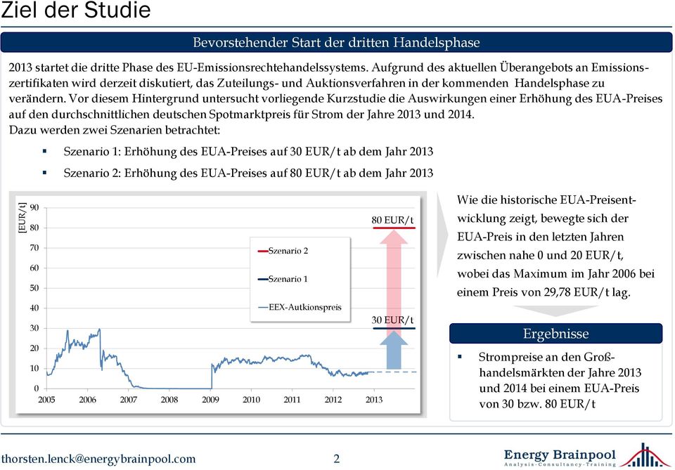 Vor diesem Hintergrund untersucht vorliegende Kurzstudie die Auswirkungen einer Erhöhung des EUA-Preises auf den durchschnittlichen deutschen Spotmarktpreis für Strom der Jahre 2013 und 2014.