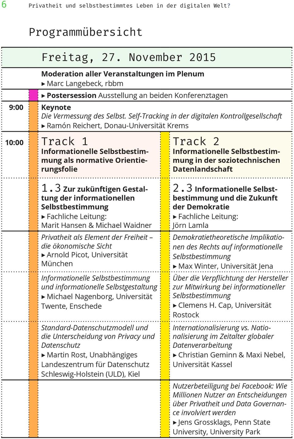 Self-Tracking in der digitalen Kontrollgesellschaft Ramón Reichert, Donau-Universität Krems 10:00 Track 1 Informationelle Selbstbestimmung als normative Orientierungsfolie Track 2 Informationelle