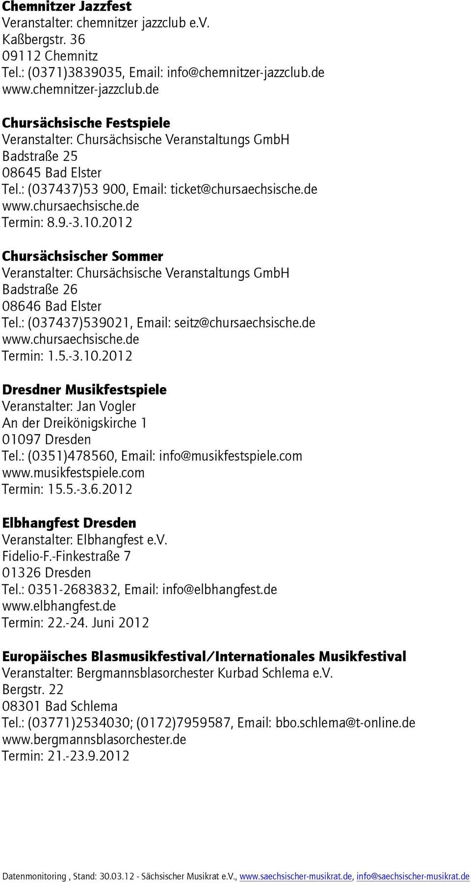 9.-3.10.2012 Chursächsischer Sommer Veranstalter: Chursächsische Veranstaltungs GmbH Badstraße 26 08646 Bad Elster Tel.: (037437)539021, Email: seitz@chursaechsische.de www.chursaechsische.de Termin: 1.