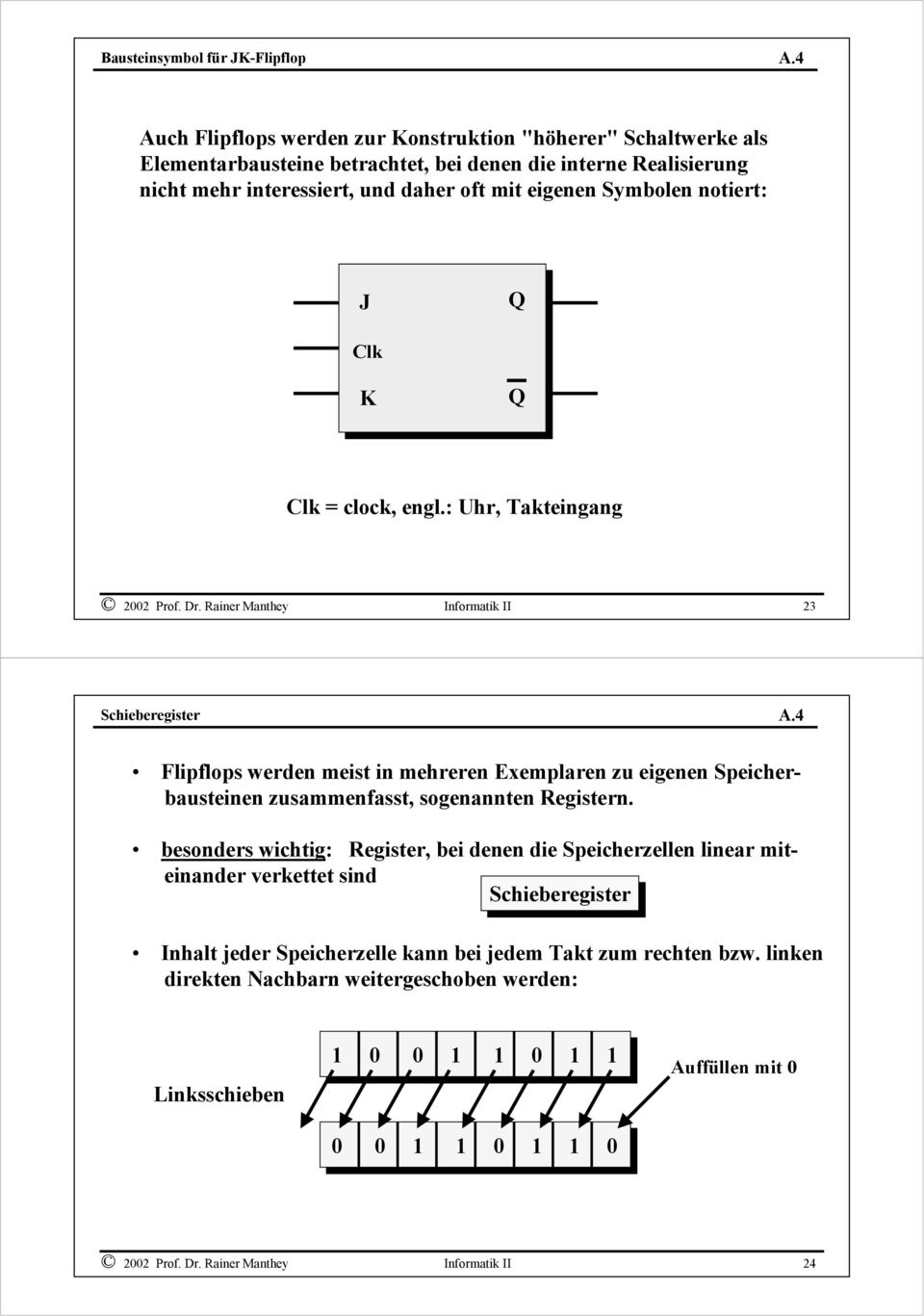 Rainer Manthey Informatik II 23 Schieberegister Flipflops werden meist in mehreren Exemplaren zu eigenen Speicherbausteinen zusammenfasst, sogenannten Registern.