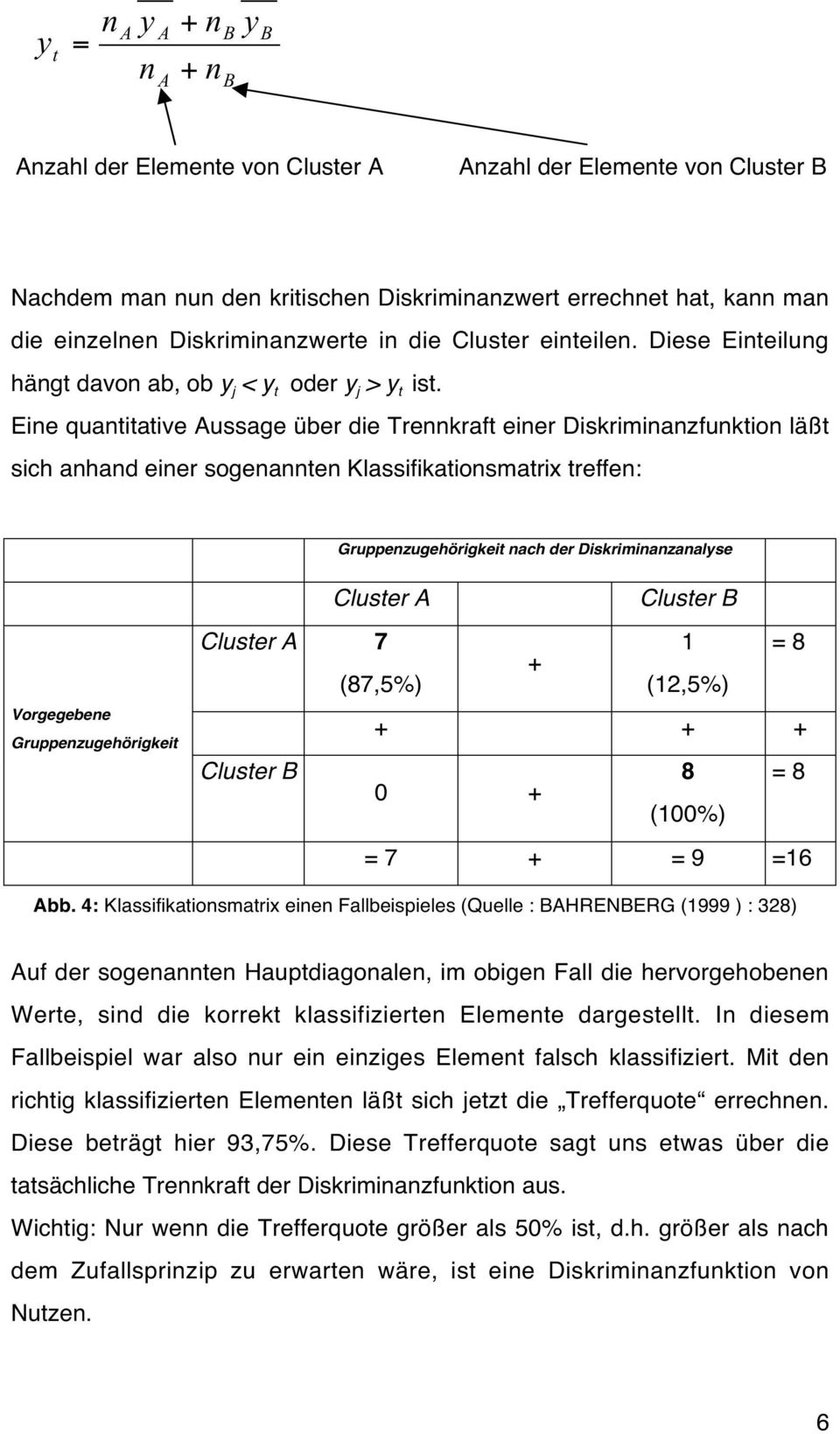 Eine quantitative Aussage über die Trennkraft einer Diskriminanzfunktion läßt sich anhand einer sogenannten Klassifikationsmatrix treffen: Gruppenzugehörigkeit nach der Diskriminanzanalyse Cluster A