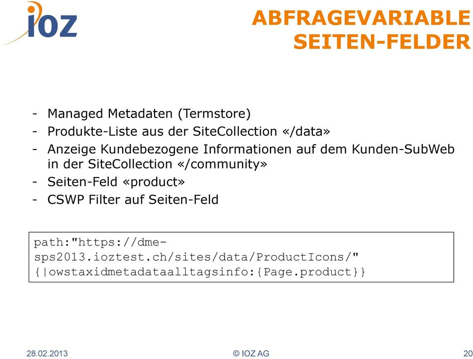 SiteCollection «/community» - Seiten-Feld «product» - CSWP Filter auf Seiten-Feld