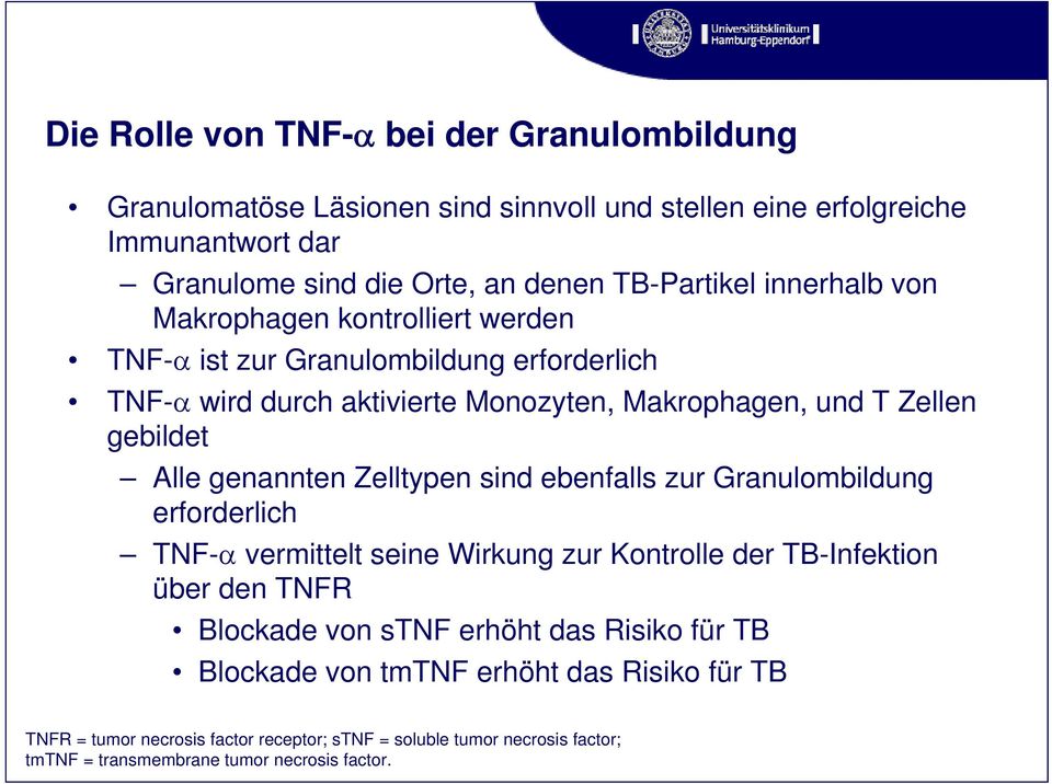 genannten Zelltypen sind ebenfalls zur Granulombildung erforderlich TNF- vermittelt seine Wirkung zur Kontrolle der TB-Infektion über den TNFR Blockade von stnf erhöht das