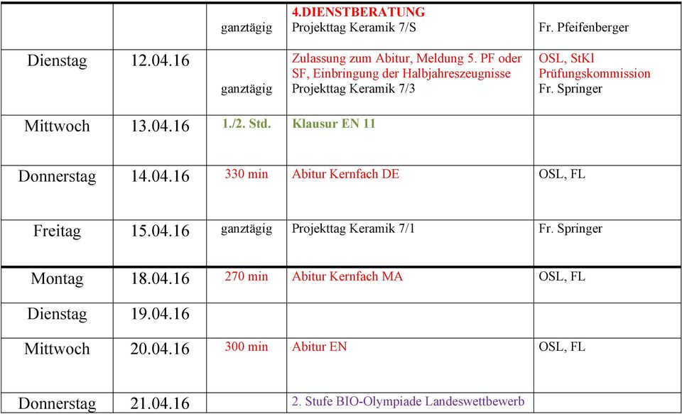 Klausur EN 11 Donnerstag 14.04.16 330 min Abitur Kernfach DE OSL, FL Freitag 15.04.16 ganztägig Projekttag Keramik 7/1 Fr. Springer Montag 18.