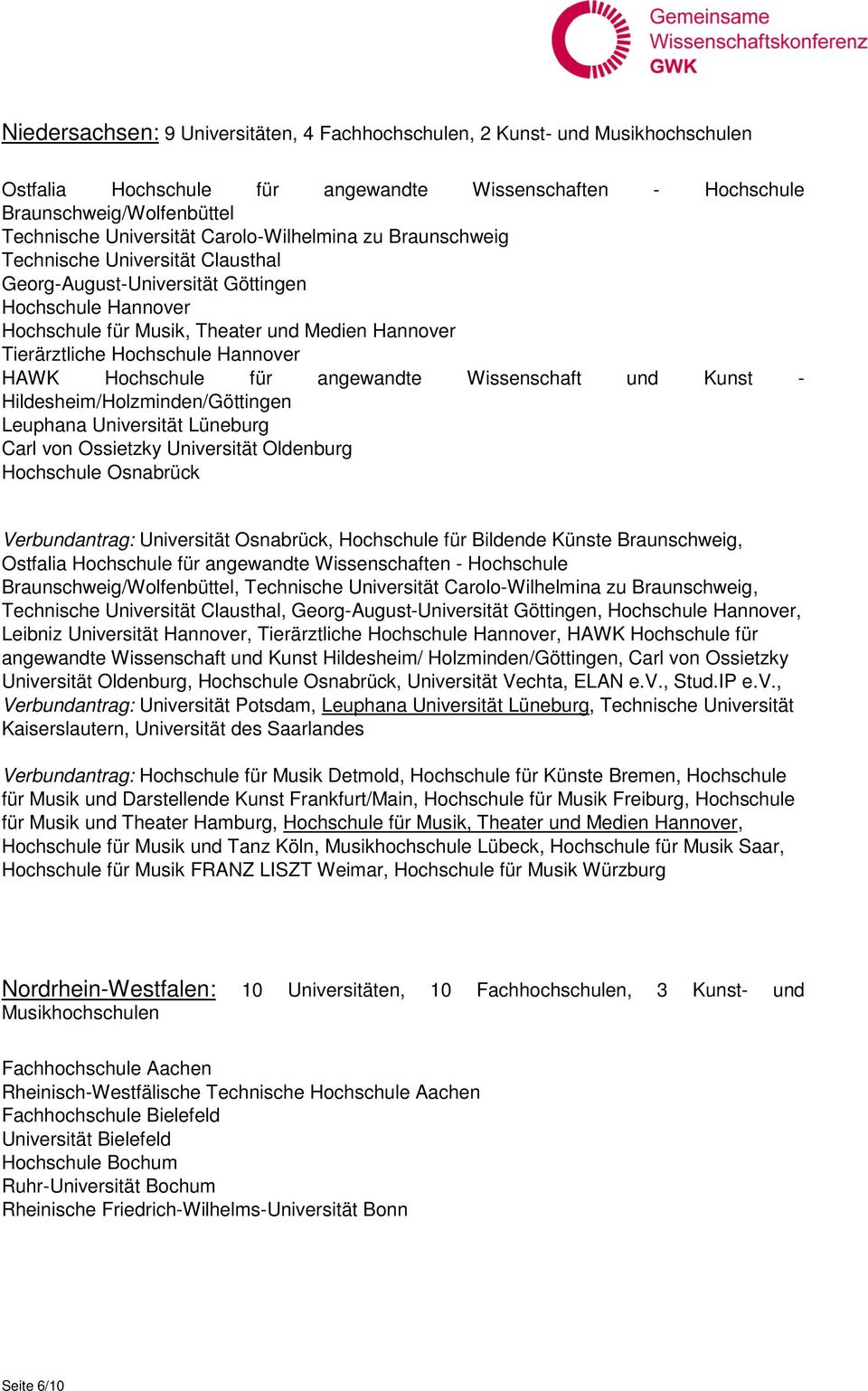 Hannover HAWK Hochschule für angewandte Wissenschaft und Kunst - Hildesheim/Holzminden/Göttingen Leuphana Universität Lüneburg Carl von Ossietzky Universität Oldenburg Hochschule Osnabrück