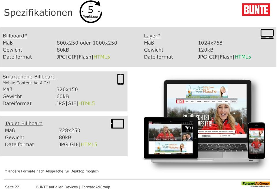 Mobile Content Ad A 2:1 Maß Gewicht Dateiformat 320x150 60kB JPG GIF HTML5 Tablet Billboard Maß