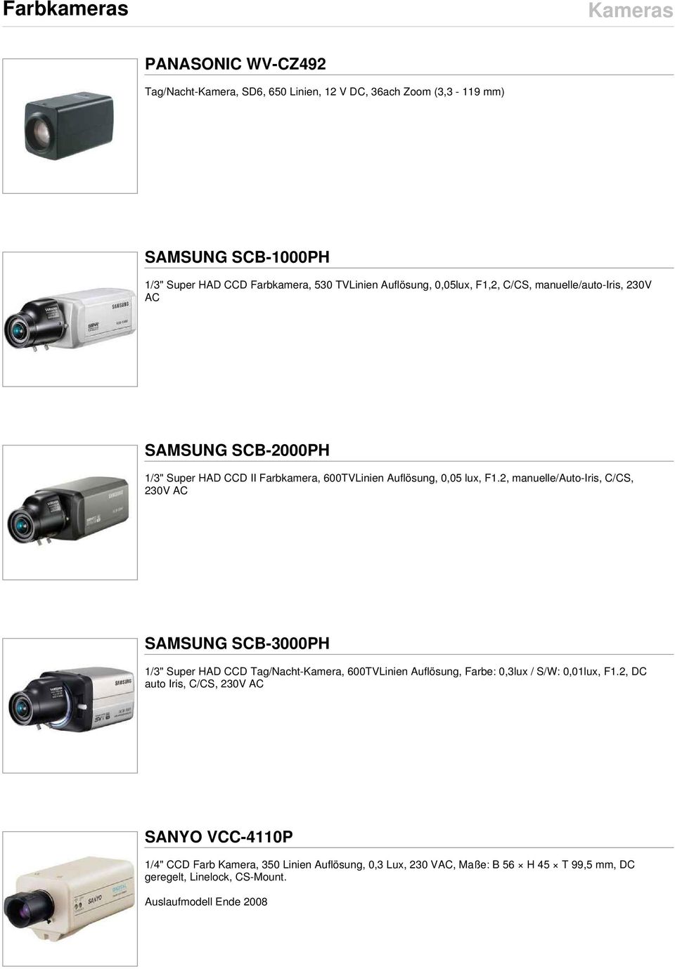 2, manuelle/auto-iris, C/CS, 230V AC SAMSUNG SCB-3000PH 1/3" Super HAD CCD Tag/Nacht-Kamera, 600TVLinien Auflösung, Farbe: 0,3lux / S/W: 0,01lux, F1.