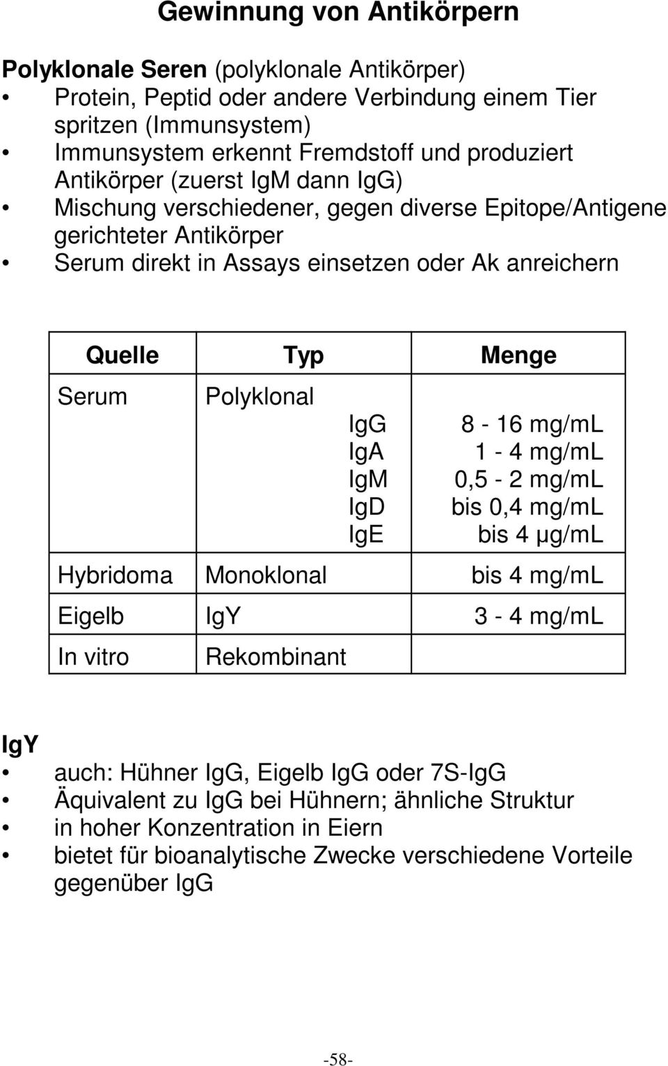 Menge Serum Polyklonal IgG IgA IgM IgD IgE 8-16 mg/ml 1-4 mg/ml 0,5-2 mg/ml bis 0,4 mg/ml bis 4 :g/ml Hybridoma Monoklonal bis 4 mg/ml Eigelb IgY 3-4 mg/ml In vitro Rekombinant IgY