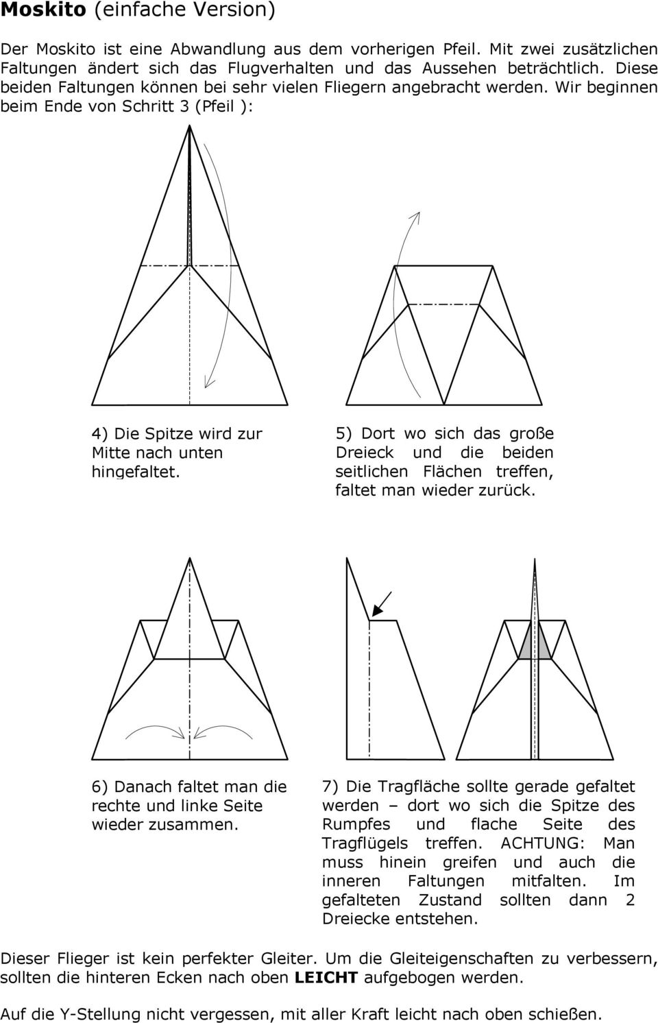 5) Dort wo sich das große Dreieck und die beiden seitlichen Flächen treffen, faltet man wieder zurück. 6) Danach faltet man die rechte und linke Seite wieder zusammen.
