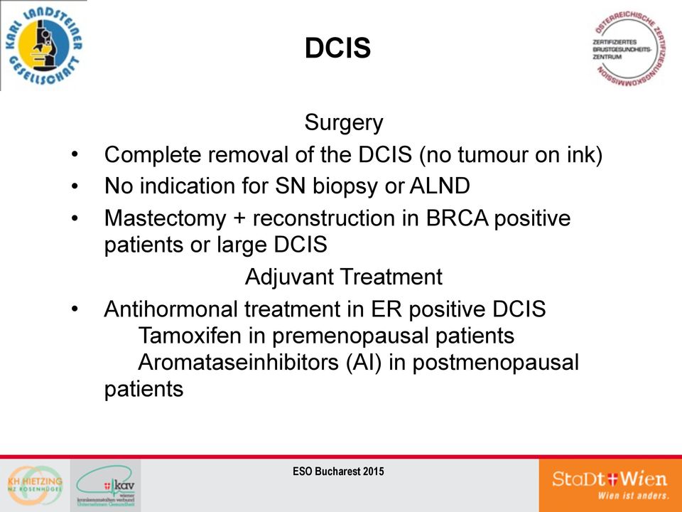 large DCIS Adjuvant Treatment Antihormonal treatment in ER positive DCIS