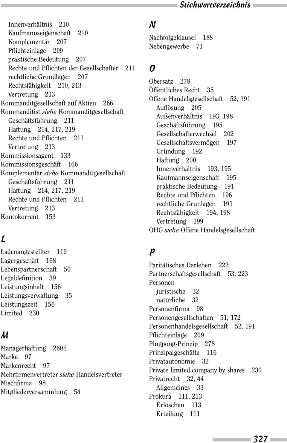 213 Kommissionsagent 133 Kommissionsgeschäft 166 Komplementär siehe Kommanditgesellschaft Geschäftsführung 211 Haftung 214, 217, 219 Rechte und Pflichten 211 Vertretung 213 Kontokorrent 153 L