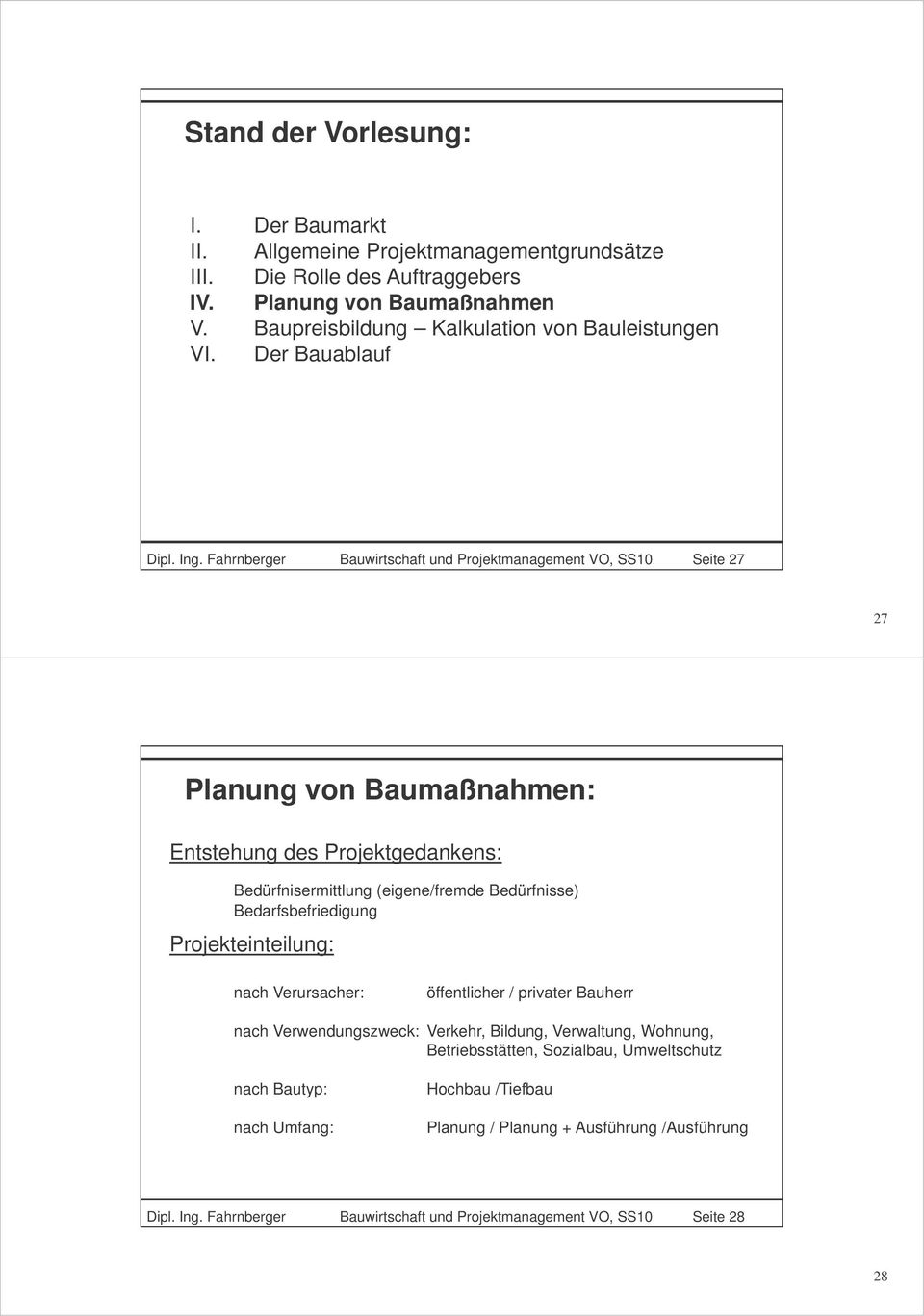Fahrnberger Bauwirtschaft und Projektmanagement VO, SS10 Seite 27 27 Planung von Baumaßnahmen: Entstehung des Projektgedankens: Bedürfnisermittlung (eigene/fremde Bedürfnisse)