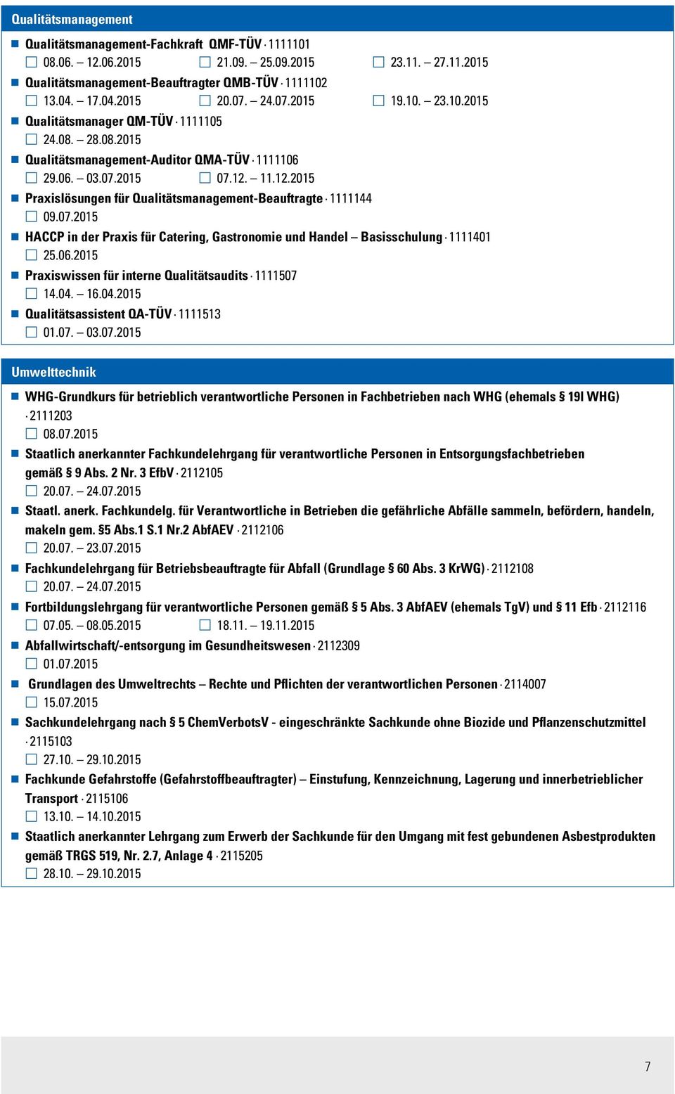 11.12.2015 Praxislösungen für Qualitätsmanagement-Beauftragte 1111144 09.07.2015 HACCP in der Praxis für Catering, Gastronomie und Handel Basisschulung 1111401 25.06.