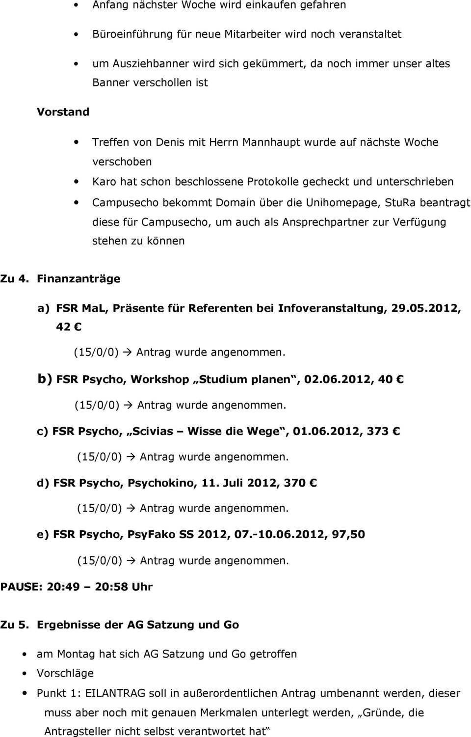 für Campusech, um auch als Ansprechpartner zur Verfügung stehen zu können Zu 4. Finanzanträge a) FSR MaL, Präsente für Referenten bei Infveranstaltung, 29.05.2012, 42 (15/0/0) Antrag wurde angenmmen.