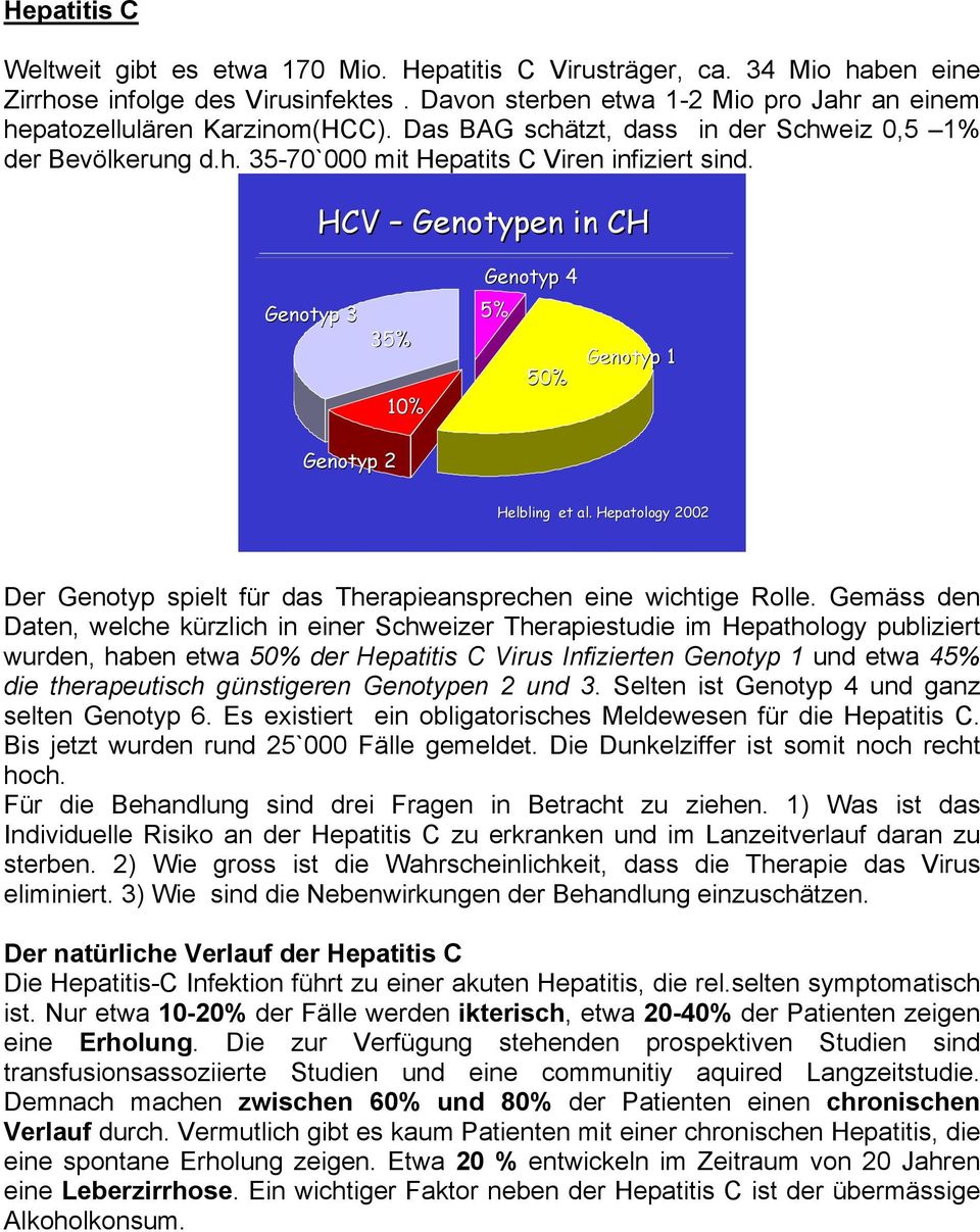 HCV Genotypen in CH Genotyp 3 35% 1% Genotyp 4 5% 5% Genotyp 1 Genotyp 2 Helbling et al. Hepatology 22 Der Genotyp spielt für das Therapieansprechen eine wichtige Rolle.