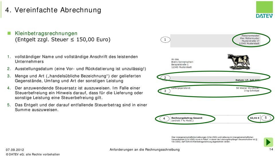 Menge und Art ( handelsübliche Bezeichnung ) der gelieferten Gegenstände, Umfang und Art der sonstigen Leistung 4. Der anzuwendende Steuersatz ist auszuweisen.