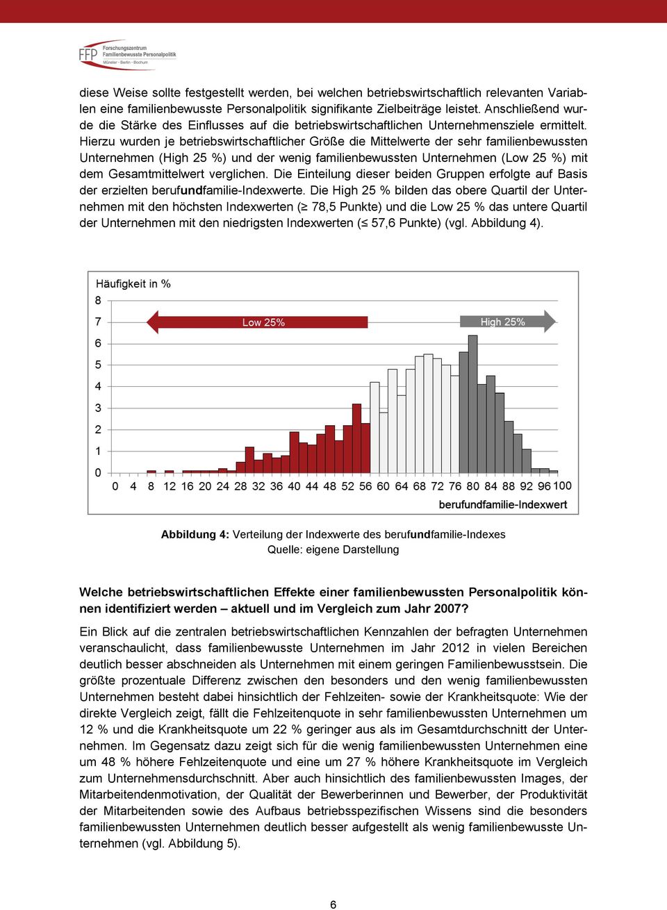 Hierzu wurden je betriebswirtschaftlicher Größe die Mittelwerte der sehr familienbewussten Unternehmen (High 25 %) und der wenig familienbewussten Unternehmen (Low 25 %) mit dem Gesamtmittelwert