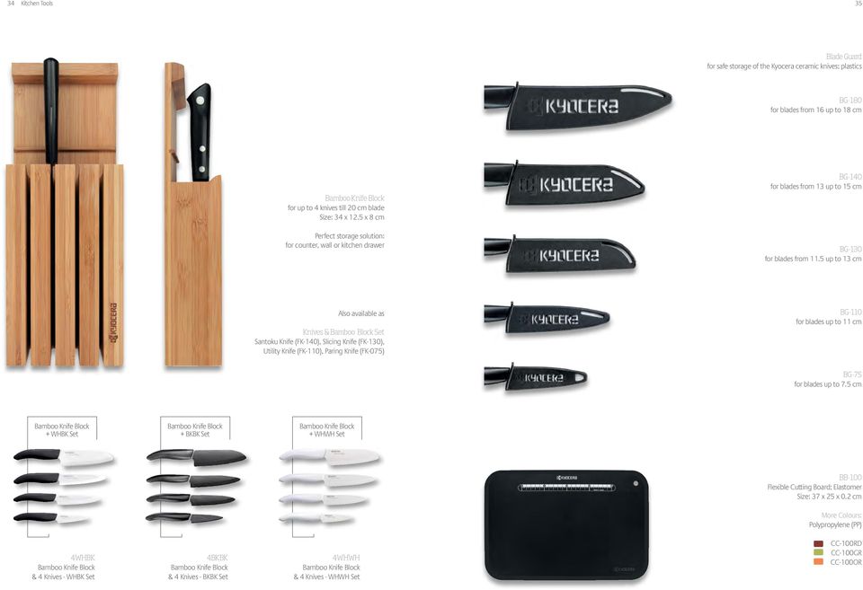 5 up to 13 cm Also available as Knives & Bamboo Block Set Santoku Knife (FK-140), Slicing Knife (FK-130), Utility Knife (FK-110), Paring Knife (FK-075) BG-110 for blades up to 11 cm BG-75 for blades