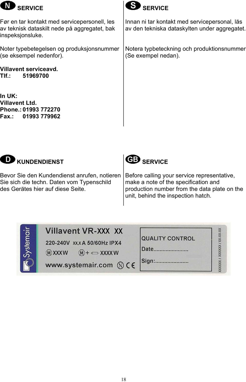 Tlf.: 51969700 In UK: Villavent Ltd. Phone.: 01993 772270 Fax.: 01993 779962 KUNDENDIENST Bevor Sie den Kundendienst anrufen, notieren Sie sich die techn.