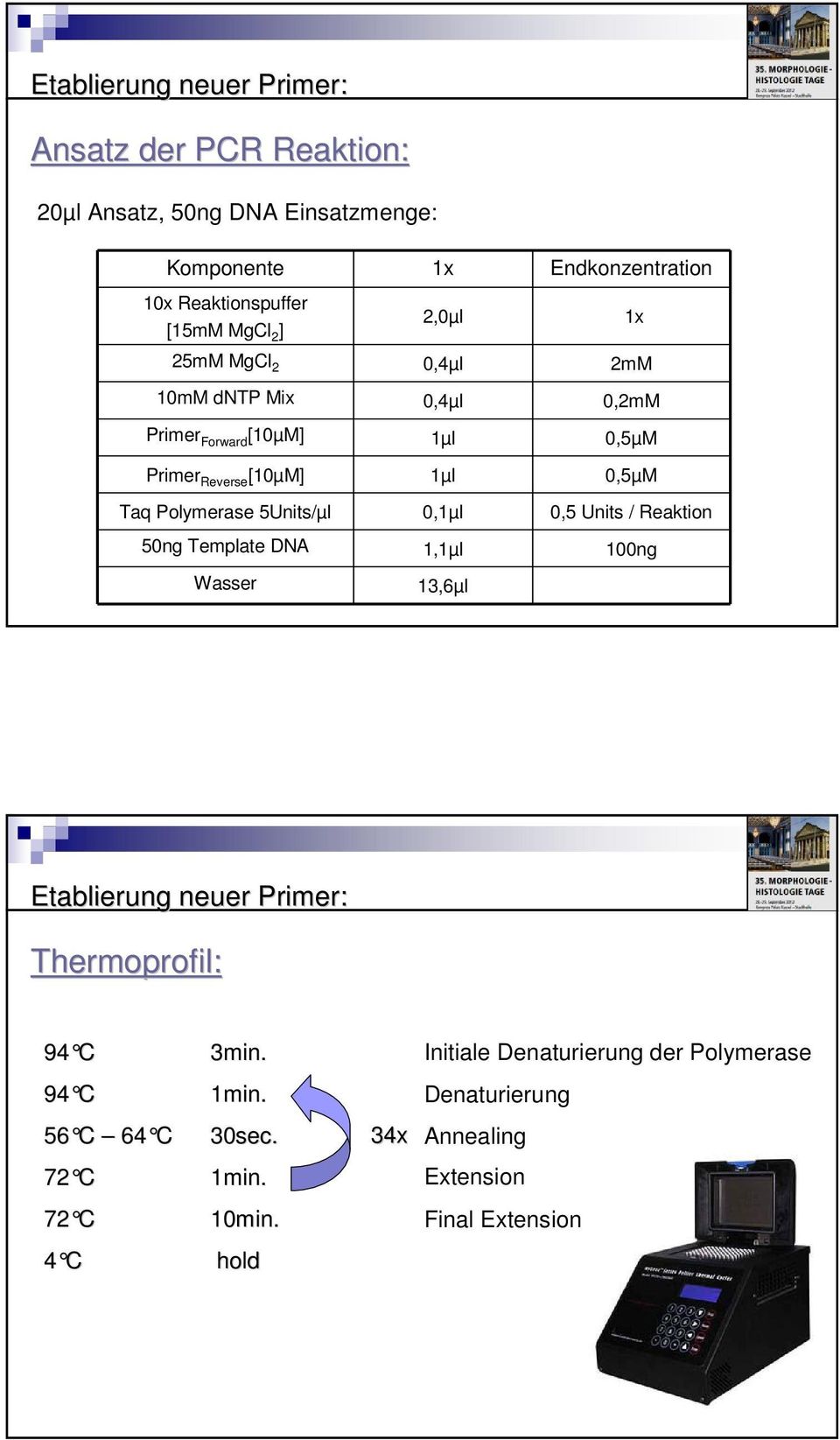 Polymerase 5Units/µl 0,1µl 0,5 Units / Reaktion 50ng Template DNA 1,1µl 100ng 1x Wasser 13,6µl Etablierung neuer Primer: Thermoprofil: 94 C