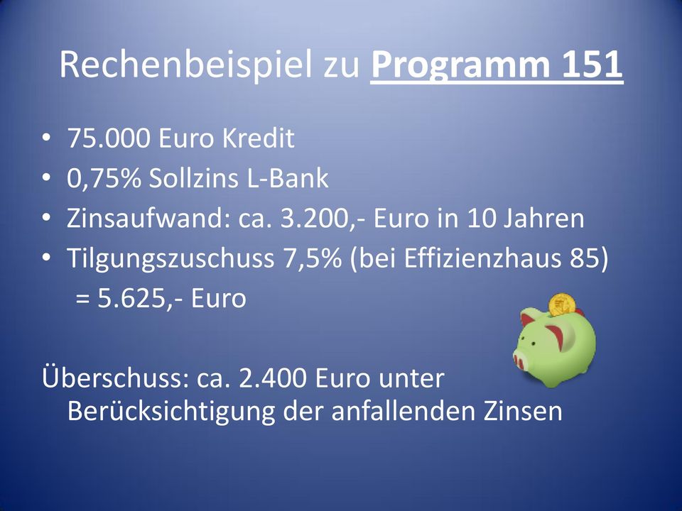 200,- Euro in 10 Jahren Tilgungszuschuss 7,5% (bei