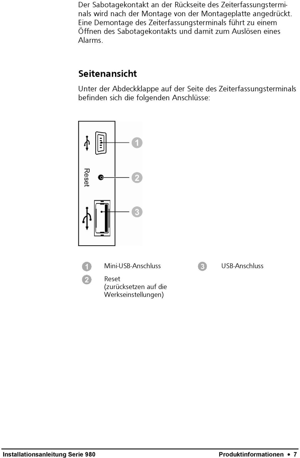 Seitenansicht Unter der Abdeckklappe auf der Seite des Zeiterfassungsterminals befinden sich die folgenden Anschlüsse: