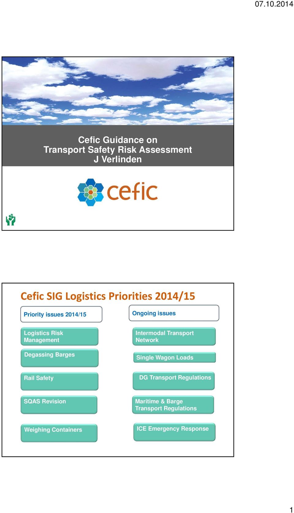 Priorities 2014/15 Priority issues 2014/15 Ongoing issues Logistics Risk Management Degassing