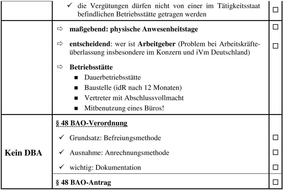 Deutschland) Kein DBA Betriebsstätte Dauerbetriebsstätte Baustelle (idr nach 12 Monaten) Vertreter mit Abschlussvollmacht