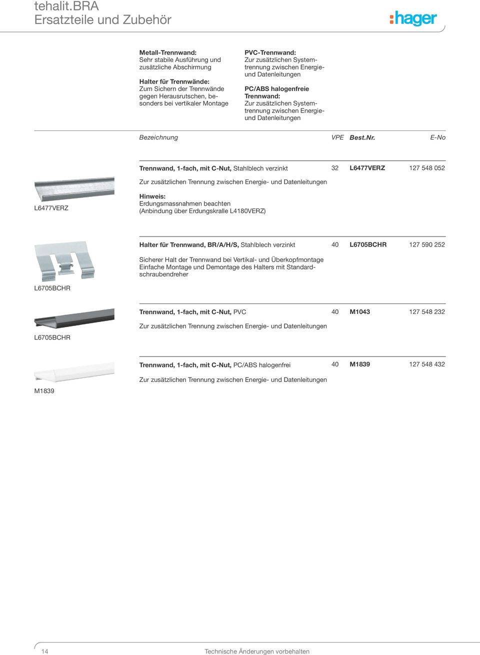 PVC-Trennwnd: Zur zusätzlichen Systemtrennung zwischen Energieund Dtenleitungen PC/ABS hlogenfreie Trennwnd: Zur zusätzlichen Systemtrennung zwischen Energieund Dtenleitungen Bezeichnung VPE Best.Nr.