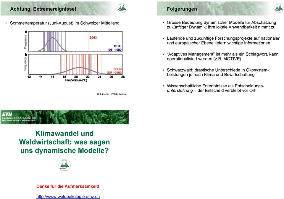 und zukünftige Forschungsprojekte auf nationaler und europäischer Ebene liefern wichtige Informationen Adaptives Management ist mehr als ein Schlagwort, kann operationalisiert werden (z.b. MOTIVE) Schwarzwald: drastische Unterschiede in Ökosystem- Leistungen je nach Klima und Bewirtschaftung Schär et al.