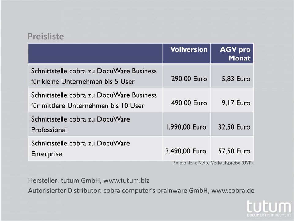 DocuWare Professional 1.990,00 Euro 32,50 Euro Schnittstelle cobra zu DocuWare Enterprise 3.