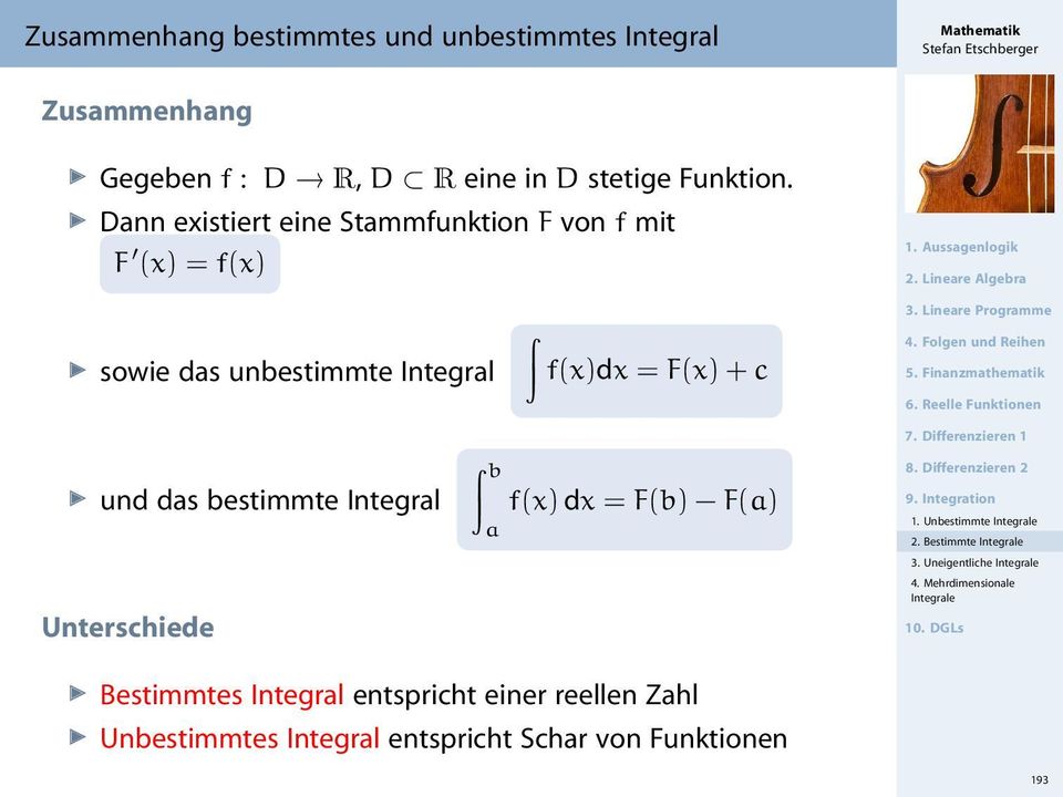 Linere Progrmme 5. Finnzmthemtik und ds bestimmte Integrl Unterschiede f(x) dx = F(b) F() 9. Integrtion 1. Unbestimmte Integrle 2.