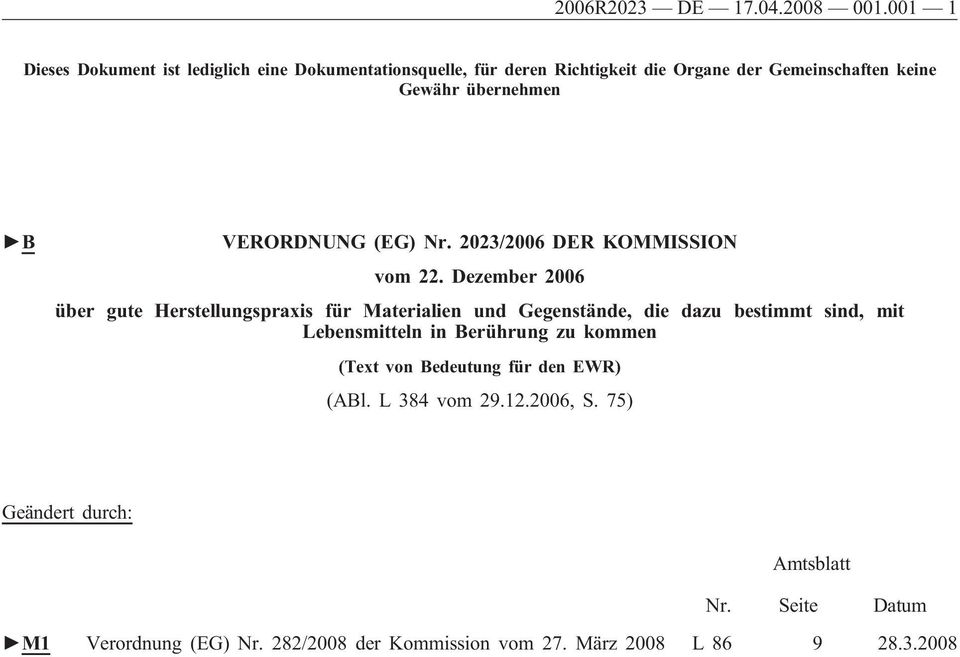 B VERORDNUNG (EG) Nr. 2023/2006 DER KOMMISSION vom 22.