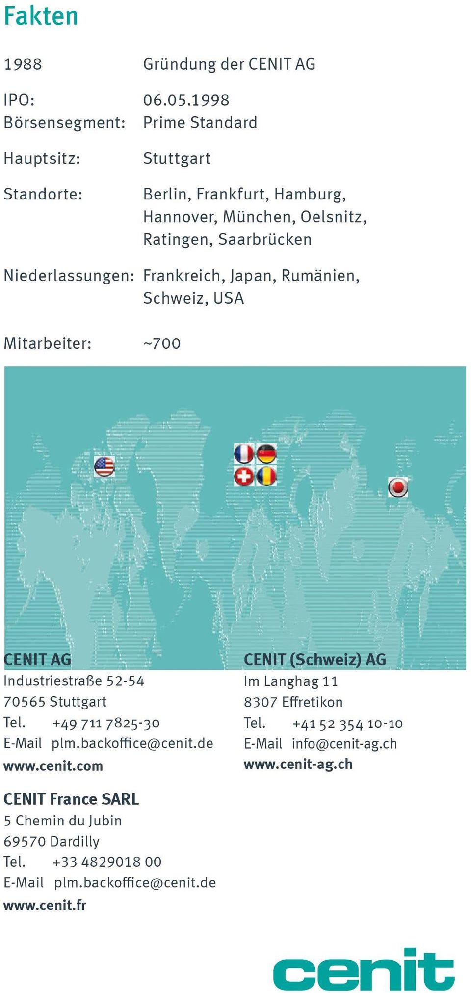 Niederlassungen: Frankreich, Japan, Rumänien, Schweiz, USA Mitarbeiter: ~700 CENIT AG Industriestraße 52-54 70565 Stuttgart Tel.